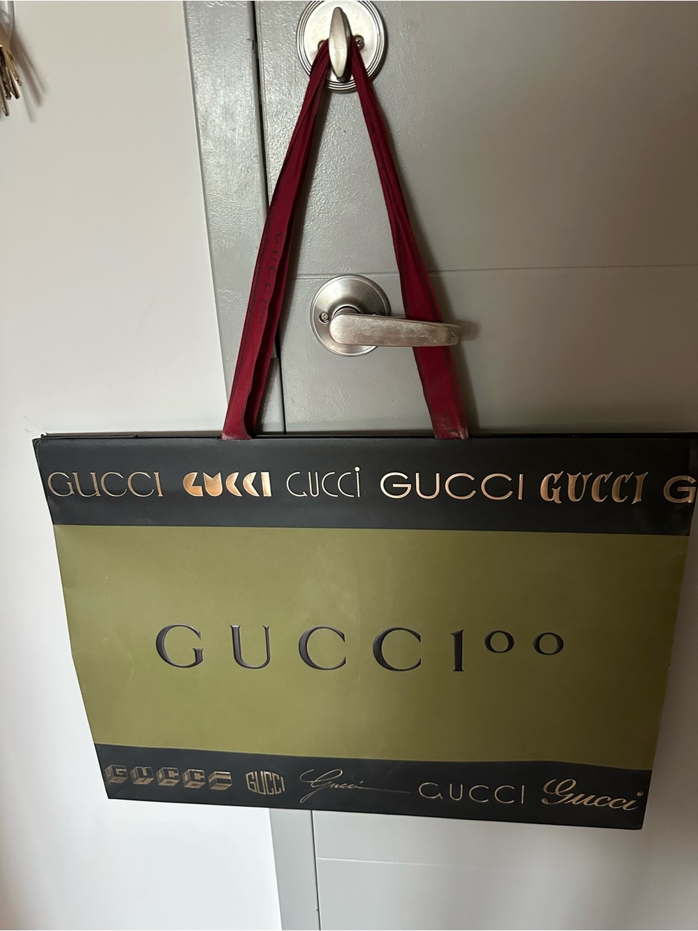 Gucci Olive Green Red Logo Shopper Bag 100 year anvsry 24”w  gucci tissue paper
